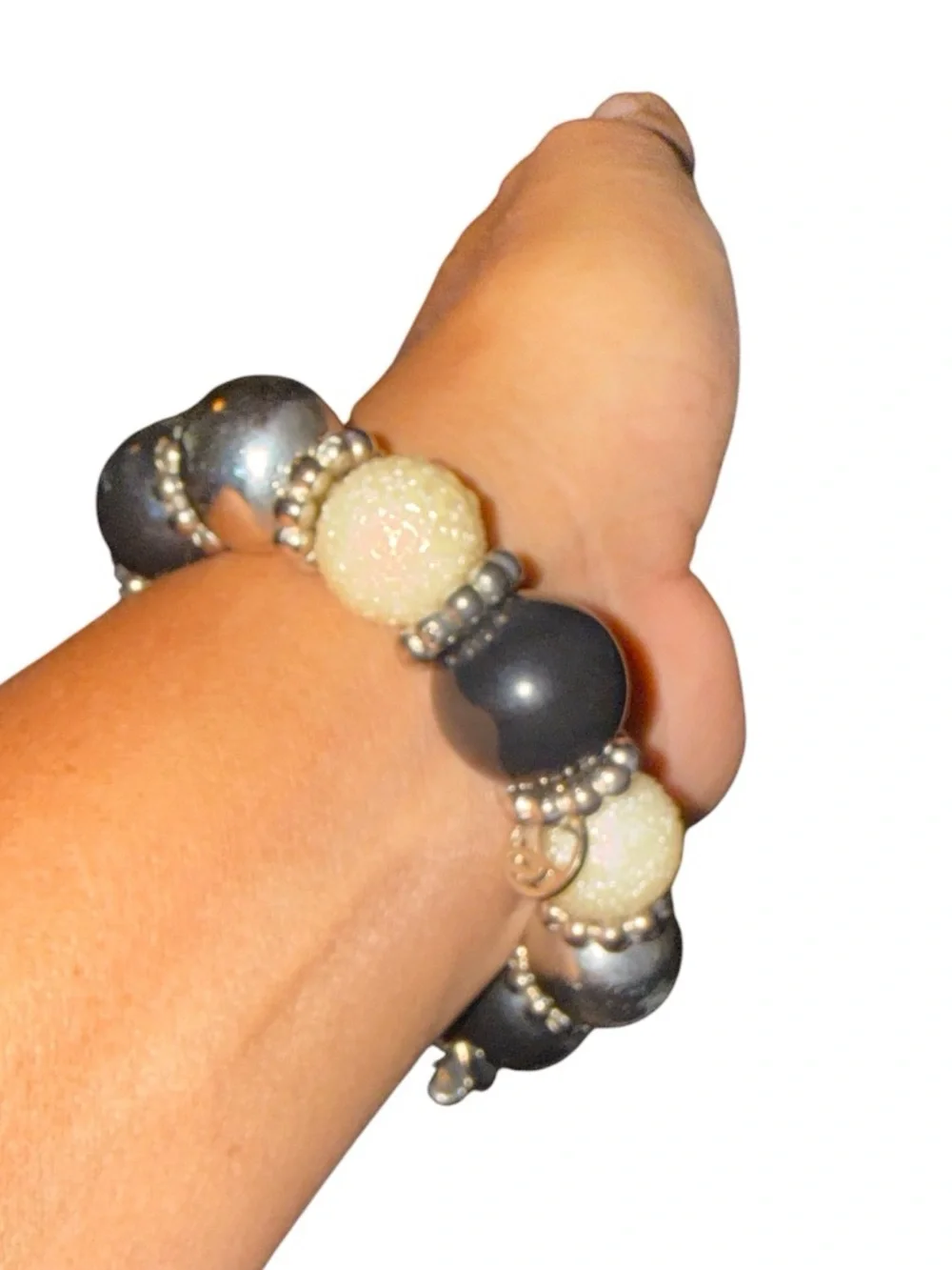 Boutique Chunky Black & Ivory Stretch Statement Bracelet Faux Pearl Crystal EUC